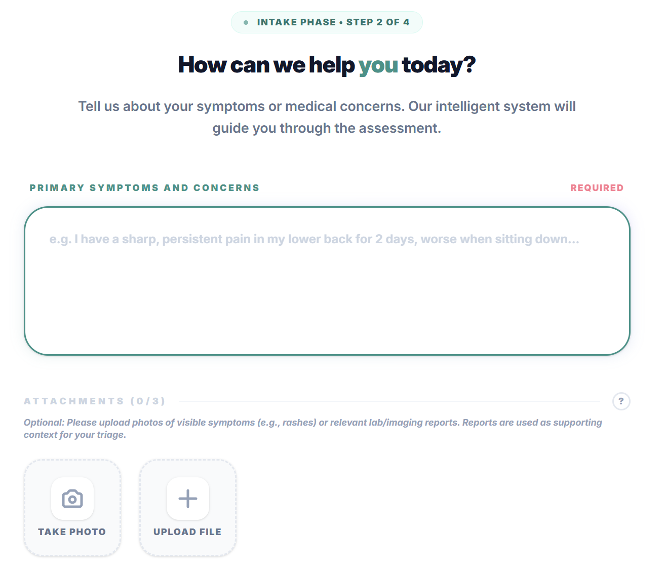 Shoshin app: step 2 of 4 symptom intake form, showing a conversational interface with a text field for describing symptoms